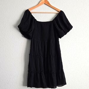 Elegant Little Black Dress Balloon Sleeves Smocked Tiered Short Mini Dress